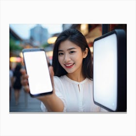 Portrait Of A Young Woman Holding A Smartphone Canvas Print