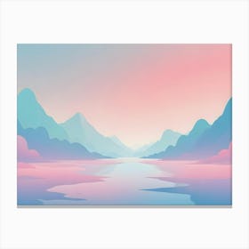 Stylized, Minimalist Landscape With A River Winding Through A Valley Of Pastel Blue Mountains Under A Pink Sky Canvas Print