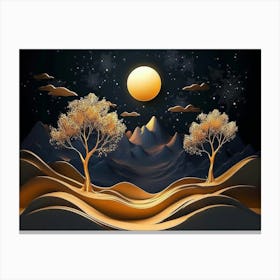 3d Modern Night Landscape with Dark Mountains, Dark Black Background with Stars 1 Canvas Print