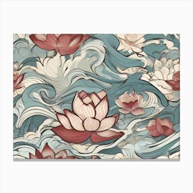 Lotus Flowers In Water Waves -Abstract Color Painting Canvas Print