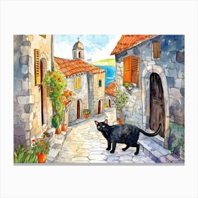 Dubrovnik, Croatia   Cat In Street Art Watercolour Painting 3 Canvas Print