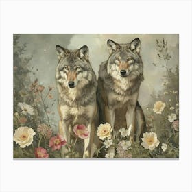 Floral Animal Illustration Timber Wolf 2 Canvas Print