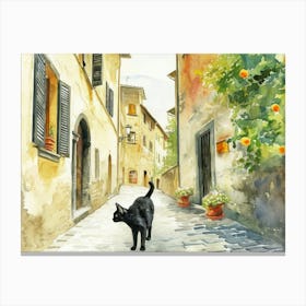 Black Cat In Florence Firenze, Italy, Street Art Watercolour Painting 2 Canvas Print