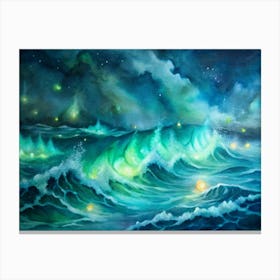 A Striking Depiction Of Ocean Waves Glowing With B Canvas Print