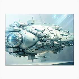 A Sleek, White Spacecraft With Intricate Details, Set Against A Futuristic Blue Background With Light Streaks Canvas Print