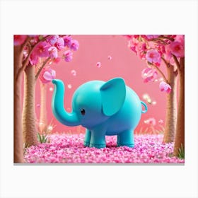 Turquoise Elephant Calf Amidst Pink Floral Blooms In A Whimsical Forest 3d Animation Style Cartoon Canvas Print