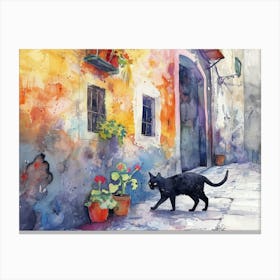 Black Cat In Napoli, Italy, Street Art Watercolour Painting 4 Canvas Print