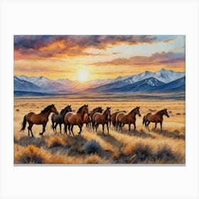 Horses At Sunset Wild Mountains Canvas Print