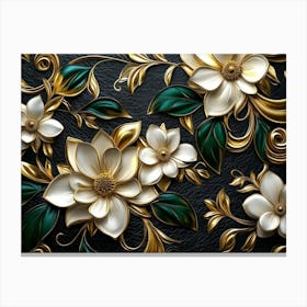 Luxury Floral Elegant Leather Texture Background in Golden, Green, White Canvas Print