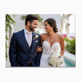 A Couple Sharing A Moment Of Joy During Their Honeymoon Bride In A Flowing White Dress And Groom In 2 Canvas Print