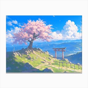 Cherry Blossom Tree On Top Of The Mountain Canvas Print