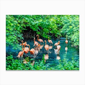 Flamingos in a Tranquil Lagoon. A serene scene of vibrant pink flamingos wading and interacting in a lush, green lagoon surrounded by dense foliage. The water reflects their elegant forms, creating a harmonious connection between nature and wildlife. 8 Canvas Print