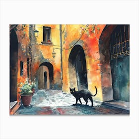 Black Cat In Bologna, Italy, Street Art Watercolour Painting 2 Canvas Print