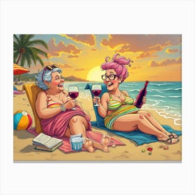 Cheers to Friendship and Sunshine Humorous Women On the Beach Sipping Wine and Having Fun Canvas Print