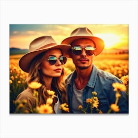 Young Couple In The Field At Sunset Canvas Print