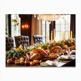 A Sumptuous Thanksgiving Banquet Showcasing A Centerpiece Of Succulent Fresh Roasted Turkey Surrou (2) Canvas Print