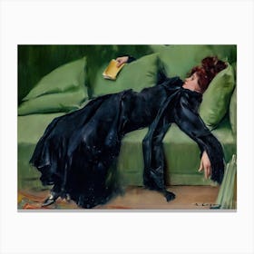 Jove Decadent - Ramon Casas 1899 - Decadent Woman After the Ball - Famous Victorian Vintage Oil Painting of Posh Woman Passed out on a Green Sofa With Book in Hand after Drinking Wine - Funny Witchy Retro Canvas Print