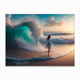 Girl Dipping Her Feet In The Waves At The Beach Canvas Print