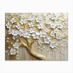 Tree Of Life. 3d Stunning Floral Tree with White Flowers Leaves on Golden Stems Canvas Print