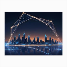 Abstract Image Of A Cityscape At Night With A Glowing, Geometric Structure Resembling A Protective Dome Or Shield, Symbolizing Technological Advancement And Urban Safety 1 Canvas Print