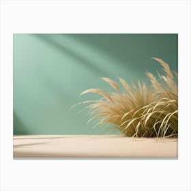 Pampas Grass Illuminated By Natural Sunlight Against A Minimalist Green And Beige Background, Creating A Serene And Natural Ambiance Canvas Print