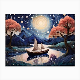 A Boat At Night Among Cherry Trees Canvas Print