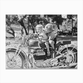 Two Boys On A Motorcycle, Vintage Black and White Old Photo 1 Canvas Print