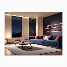 A Living Room With A Blue Wall, A Blue Couch, Red Throw Pillows, A Coffee Table, And A Large Window With A City View At Night Canvas Print