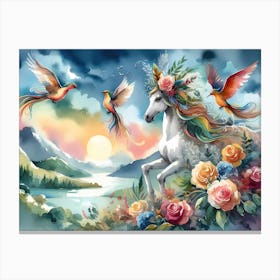 Unicorn With Birds Canvas Print