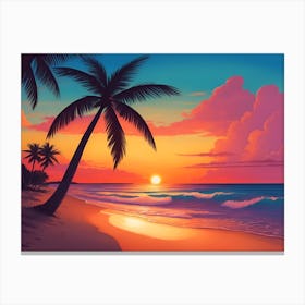 A Tranquil Beach At Sunset Horizontal Illustration 14 Canvas Print