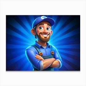 Smiling Mechanic With Crossed Arms On A Blue Background Canvas Print