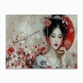 Geisha Grace: Elegance in Burgundy and Grey. Asian Woman Canvas Print