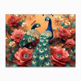 Bright Color Floral With Exotic Oriental Pattern Flowers And Peacocks 2 Canvas Print