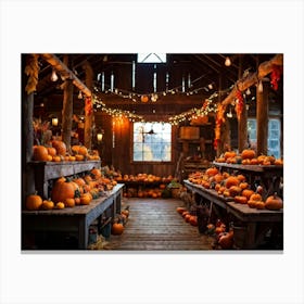 A Traditional Rural Barn Decked Out For An October Thanksgiving Festival Nostalgic Wooden Beams Glo (1) 1 Canvas Print