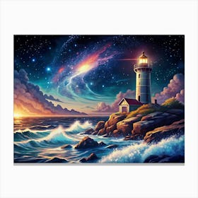 Lighthouse On A Rocky Coast With A Starry Sky Canvas Print