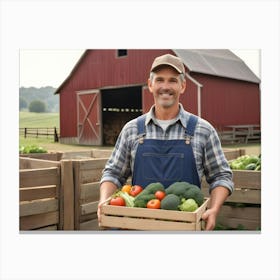 Smiling Farmer Holding A Crate Of Fresh Produce In A Field 8 Canvas Print