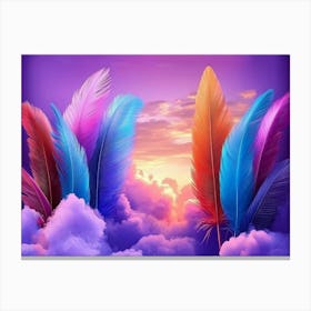 3d Geometric Bold Purple Backdrop, Vibrant Feathers and Serene Clouds Canvas Print