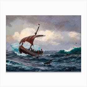 HD Remastered Painting "Summer Night Off the Greenland Coast" c1875 Viking Boat Ship Norse Scandinavian Art by Danish oil painter Jens Erik Carl Rasmussen (1841-1893) Canvas Print