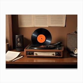 A Vintage Record Player With A Vinyl Record, Surrounded By Other Vintage Audio Equipment, Books, And Headphones, Creating A Nostalgic Atmosphere 1 Canvas Print