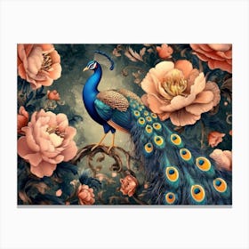 Seamless Floral Leather And Peacock Painting Canvas Print