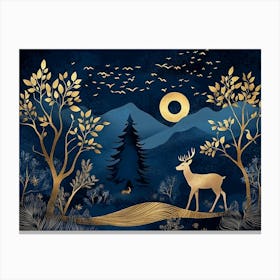 Dark Blue From The Contemporary Era Christmas Tree, Mountain, Deer, Birds and Waves Of Gold 1 Canvas Print