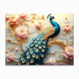 3d Art Peacock Illustration Background With Golden Jewelry And Flowers 1 Canvas Print