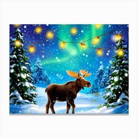 Baby Moose Wrapped In Twinkling Fairy Lights Nestled Among Snow Draped Evergreens Whimsical Festi Canvas Print