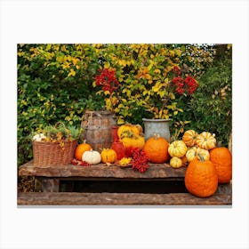 Autumnal Still Life Composition Featuring A Wooden Table Set In A Rustic Garden During The Golden Ho (6) Canvas Print