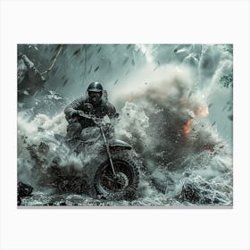 Man Riding A Motorcycle Through A Storm Canvas Print