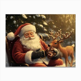 Santa Claus And Deer 6 Canvas Print