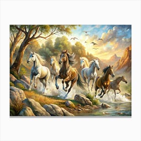 Horses In The Stream 1 Canvas Print