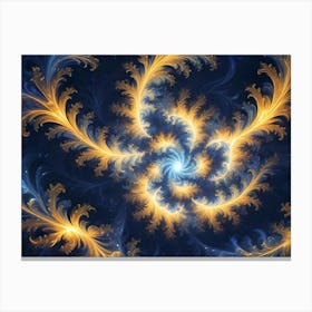 Abstract Image Featuring Intricate Swirling Patterns In Shades Of Blue, Gold, And White, Reminiscent Of Frost Or Delicate Foliage Canvas Print