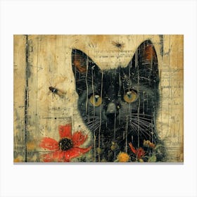 The Rebuff: Ornate Illusion in Contemporary Collage. Black Cat With Flowers Canvas Print