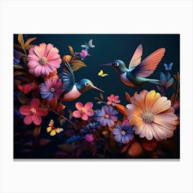 Beautiful Summer Blooms, Butterflies and Hummingbirds In 3d Background of Dark Vibrant Colors Canvas Print